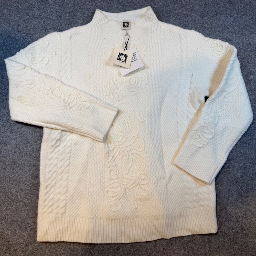 Anne Klein Womens White Dove Cable Knit Mock Neck Sweater Wool Blend NWT Size M - Picture 2 of 9